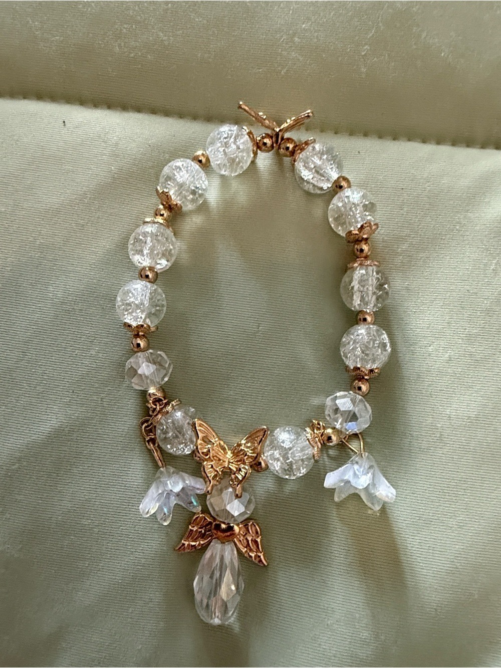 Gold Tone Butterfly & Angel Wing Charm Bracelet with Crystal Beads
